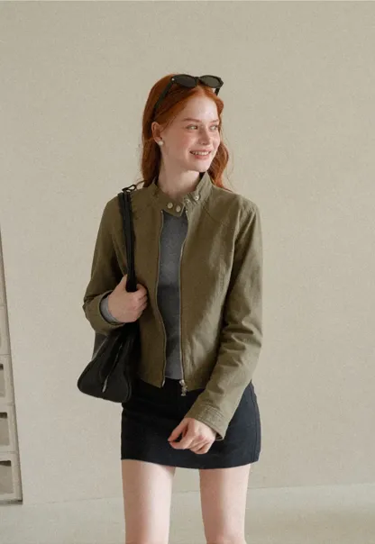 Cropped Stand Collar Zip Front Short Jacket