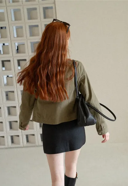 Cropped Stand Collar Zip Front Short Jacket