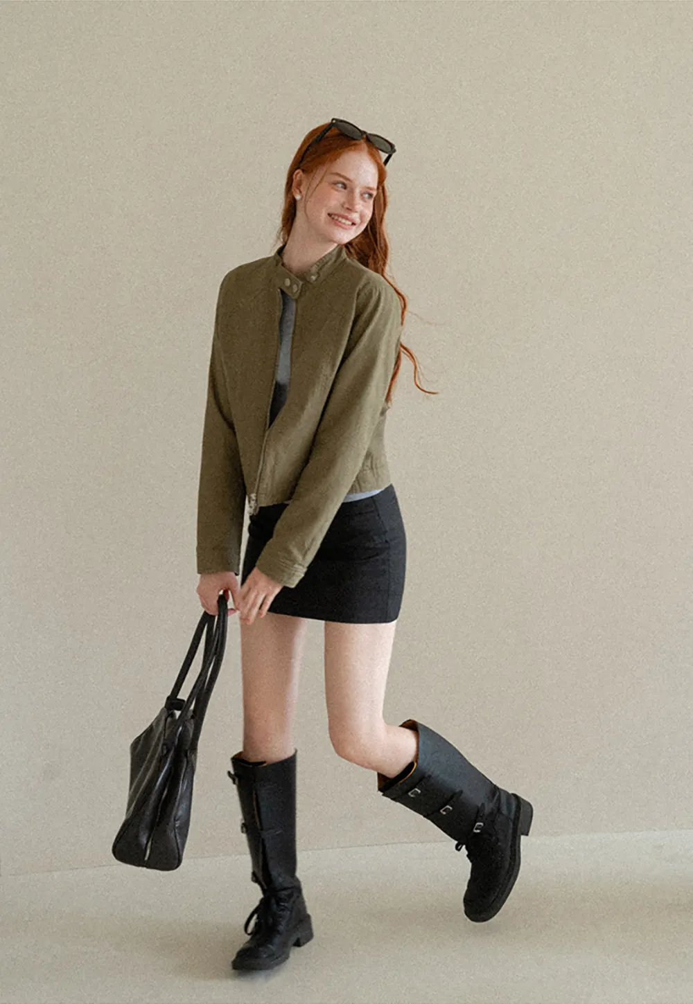 Cropped Stand Collar Zip Front Short Jacket