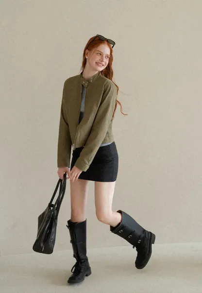 Cropped Stand Collar Zip Front Short Jacket