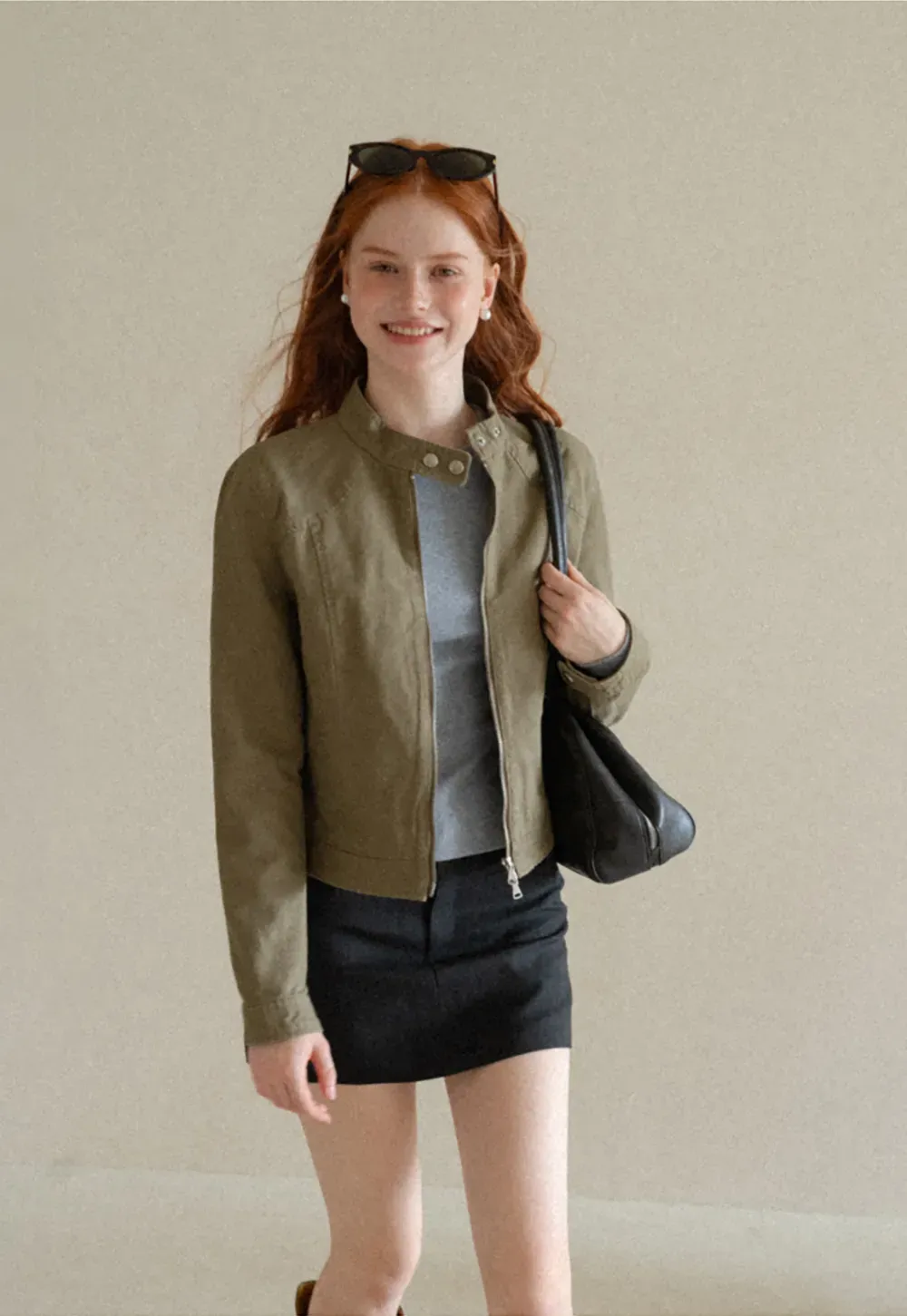 Cropped Stand Collar Zip Front Short Jacket