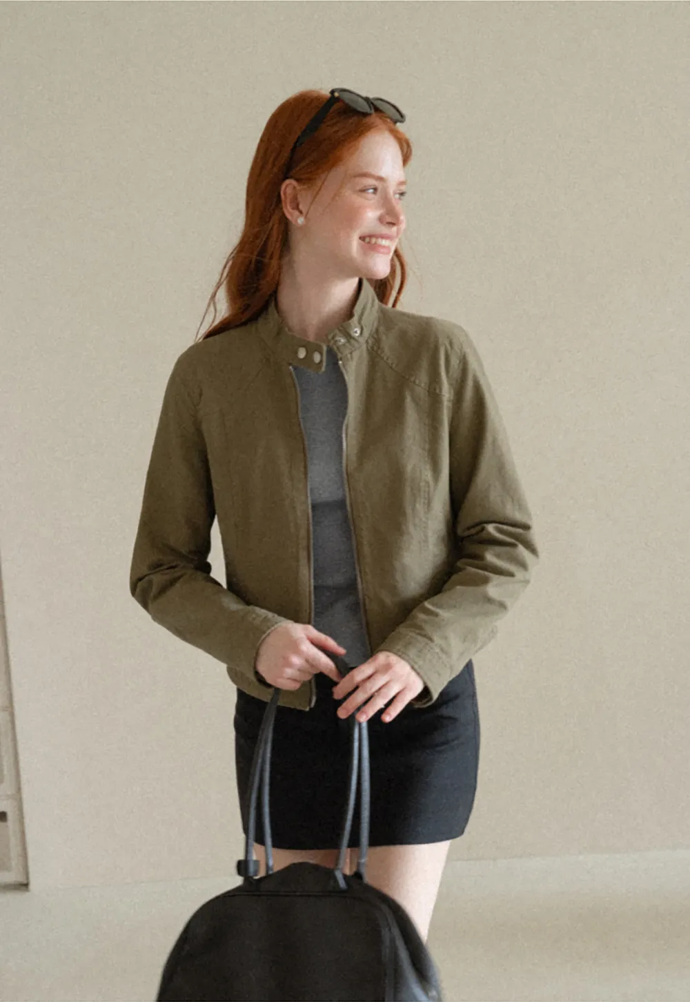 Cropped Stand Collar Zip Front Short Jacket