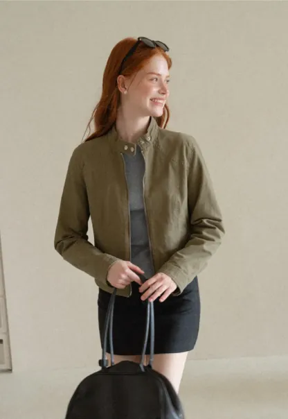 Cropped Stand Collar Zip Front Short Jacket