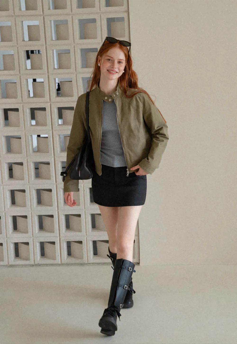 Cropped Stand Collar Zip Front Short Jacket