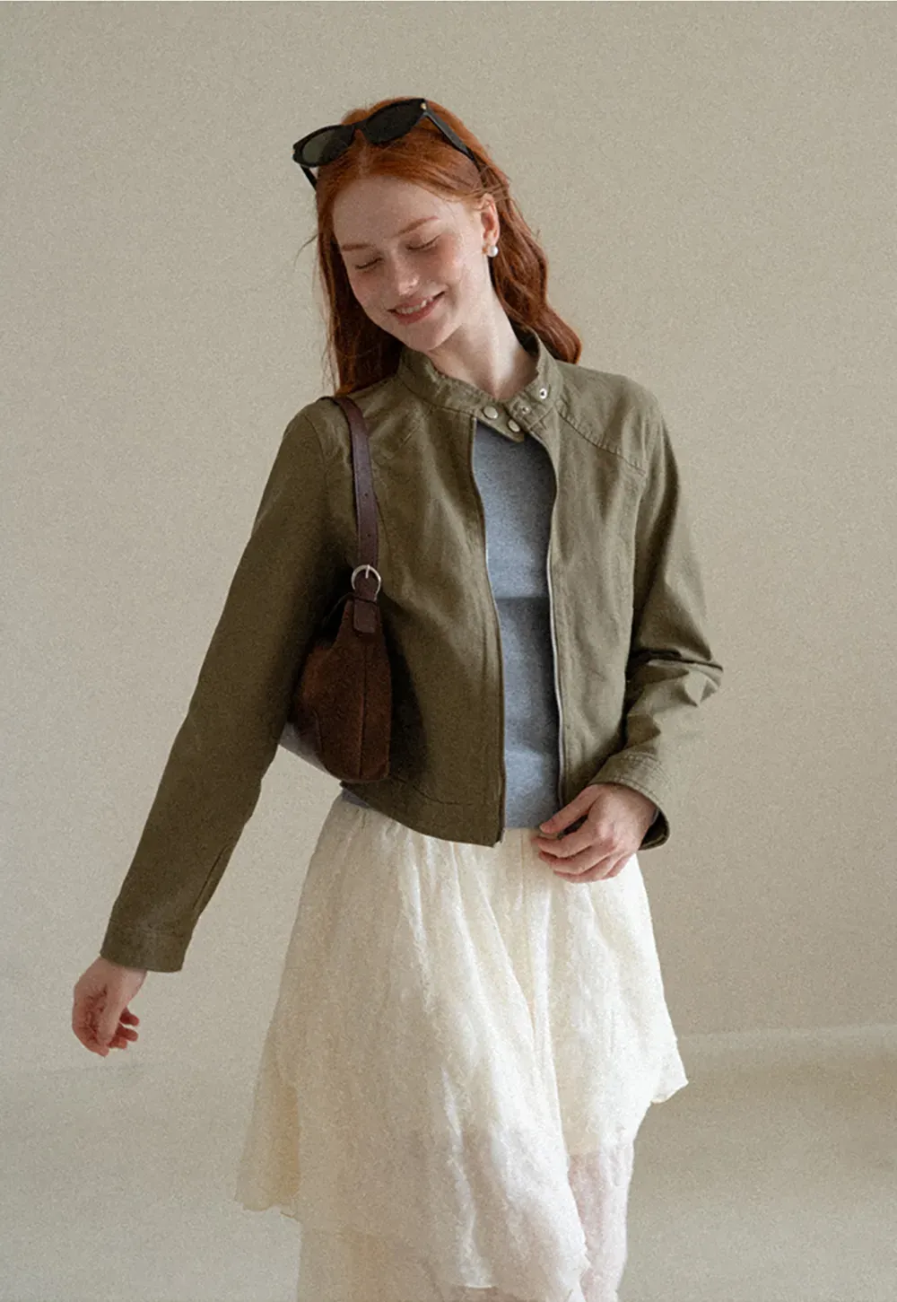 Cropped Stand Collar Zip Front Short Jacket