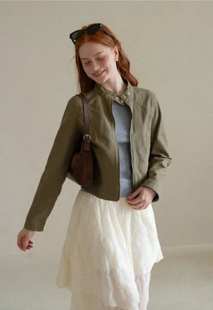 Cropped Stand Collar Zip Front Short Jacket