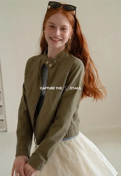 Cropped Stand Collar Zip Front Short Jacket