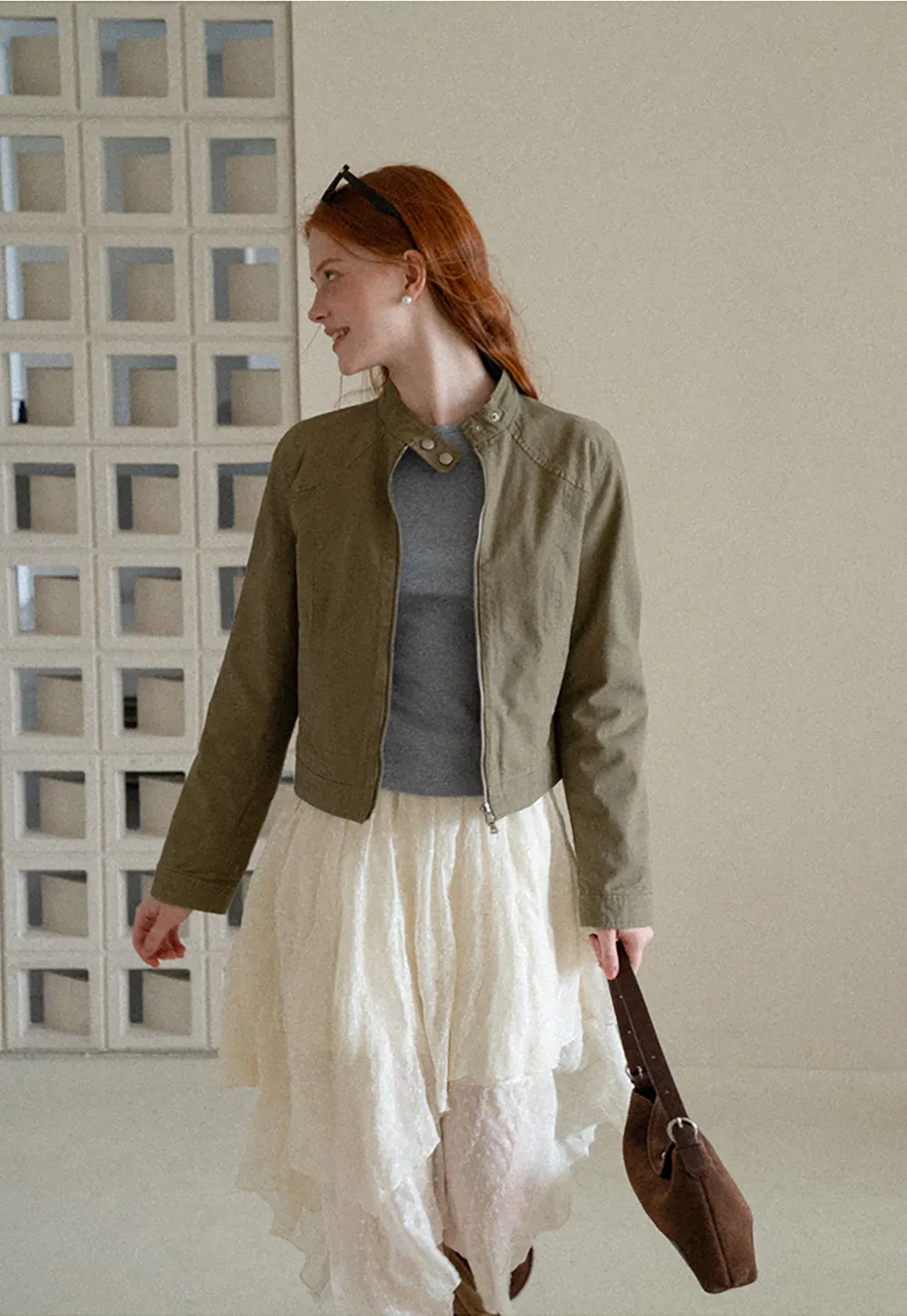 Cropped Stand Collar Zip Front Short Jacket