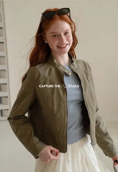 Cropped Stand Collar Zip Front Short Jacket