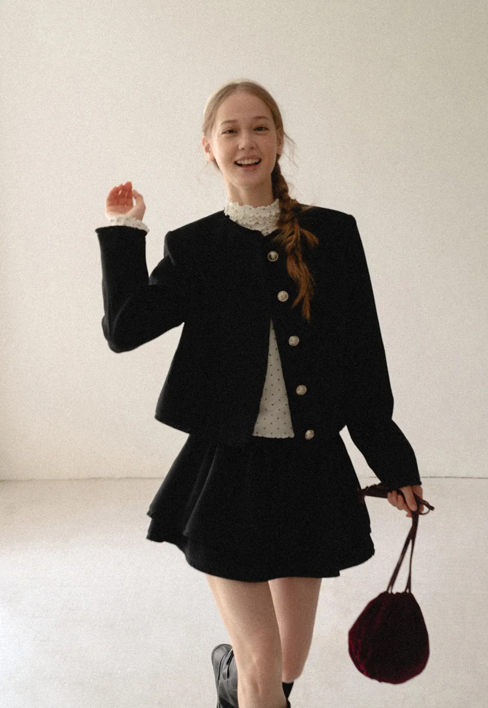 Lace Trim Collar Cropped Jacket Flared Skirt