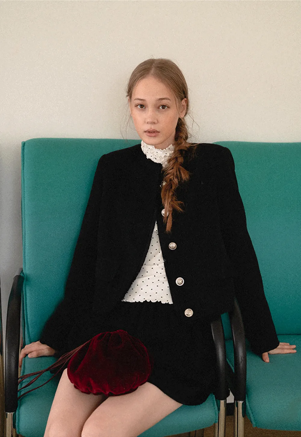 Lace Trim Collar Cropped Jacket Flared Skirt