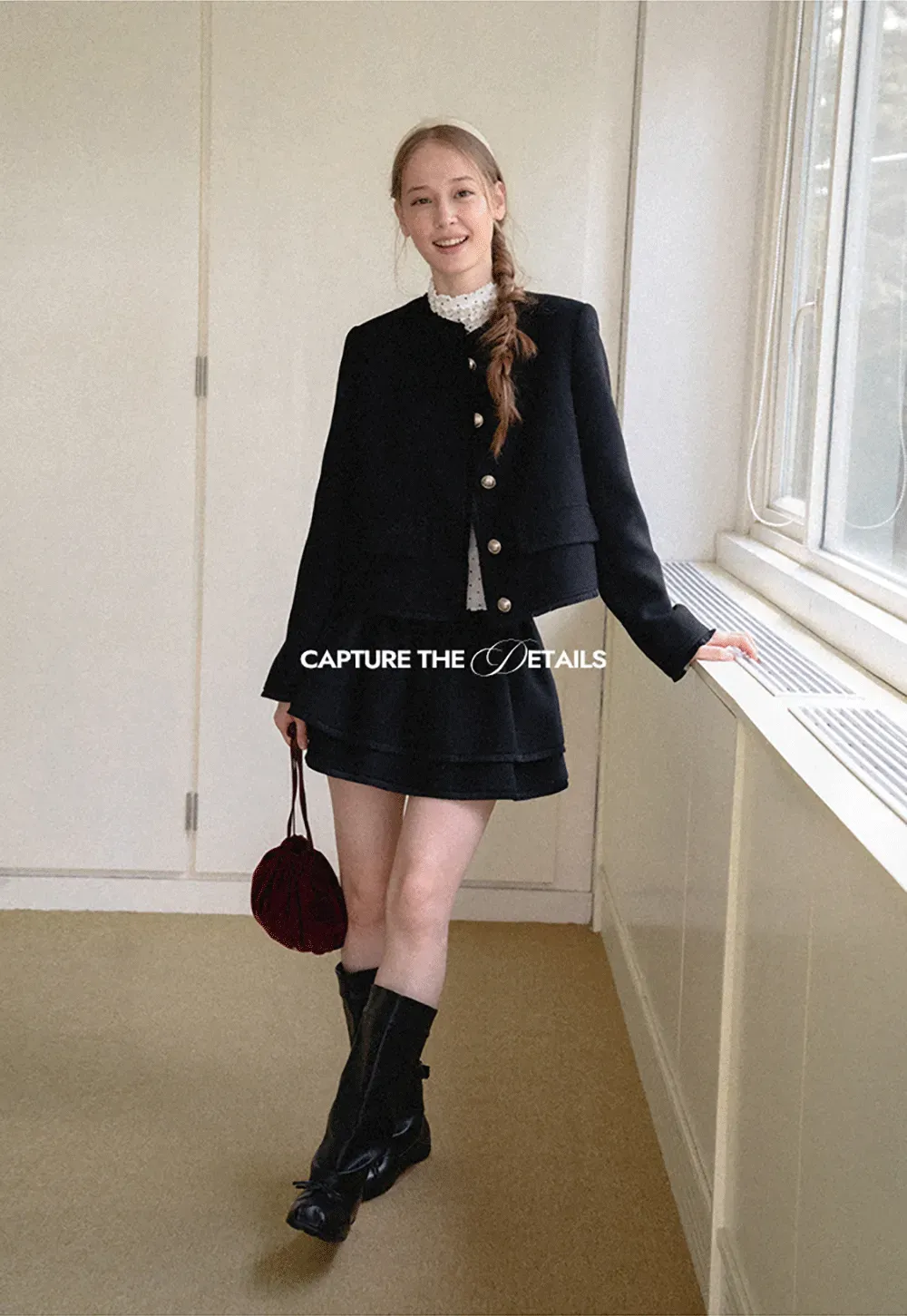 Lace Trim Collar Cropped Jacket Flared Skirt