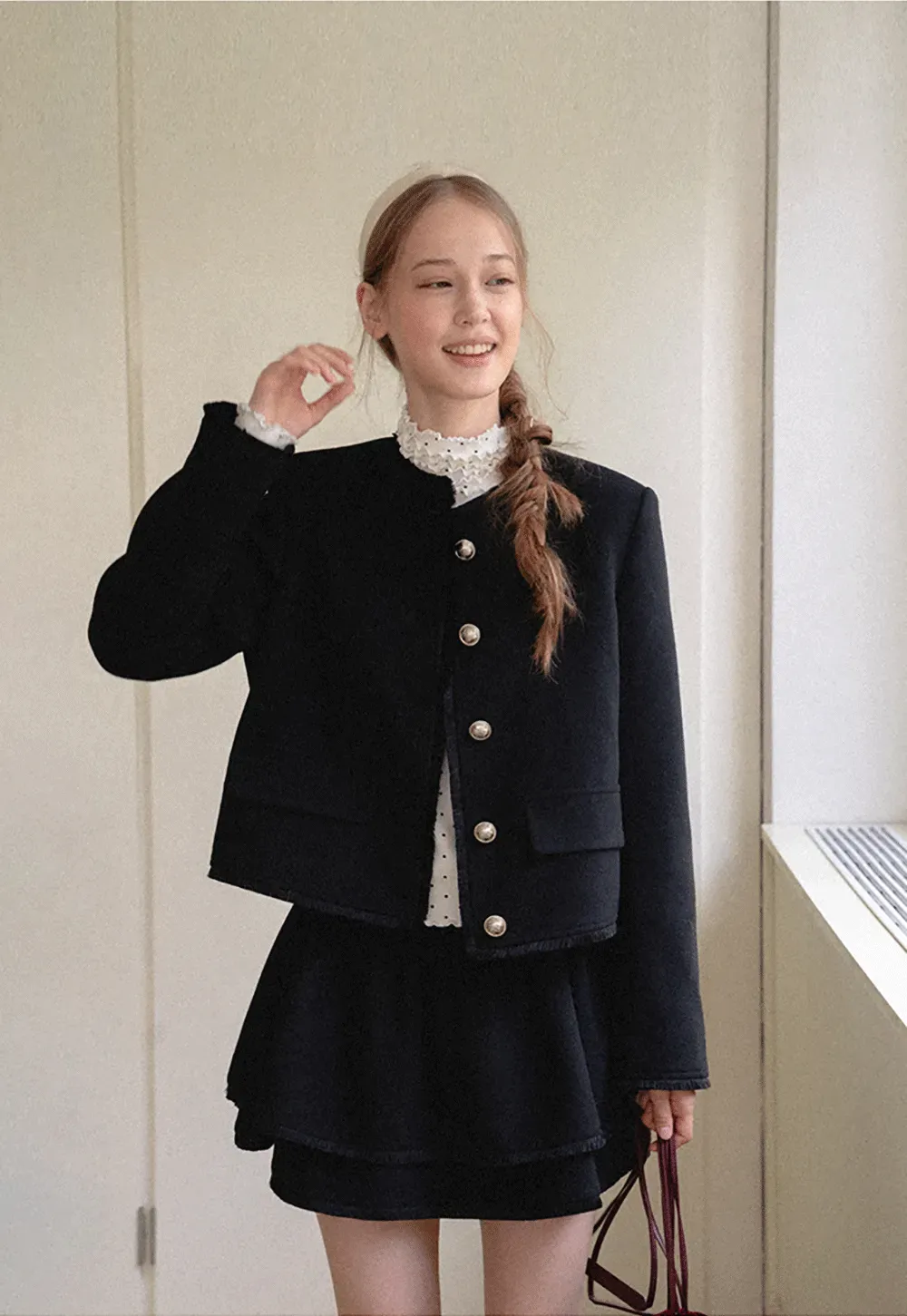 Lace Trim Collar Cropped Jacket Flared Skirt