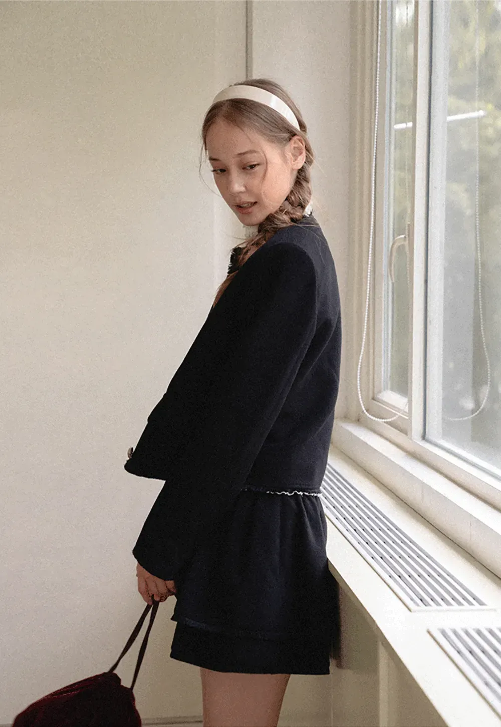 Lace Trim Collar Cropped Jacket Flared Skirt