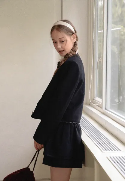 Lace Trim Collar Cropped Jacket Flared Skirt