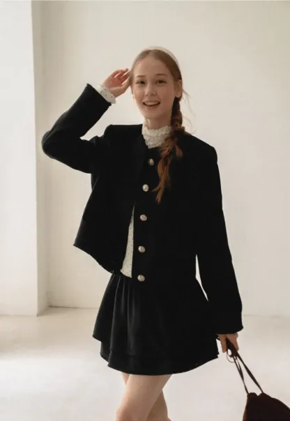Lace Trim Collar Cropped Jacket Flared Skirt