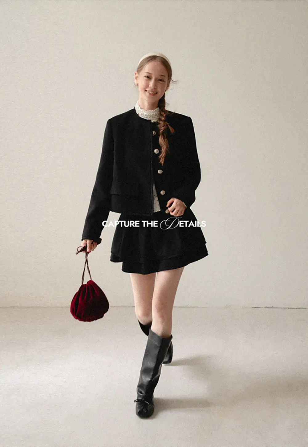 Lace Trim Collar Cropped Jacket Flared Skirt