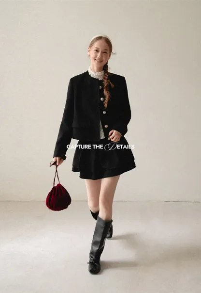 Lace Trim Collar Cropped Jacket Flared Skirt