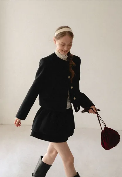 Lace Trim Collar Cropped Jacket Flared Skirt