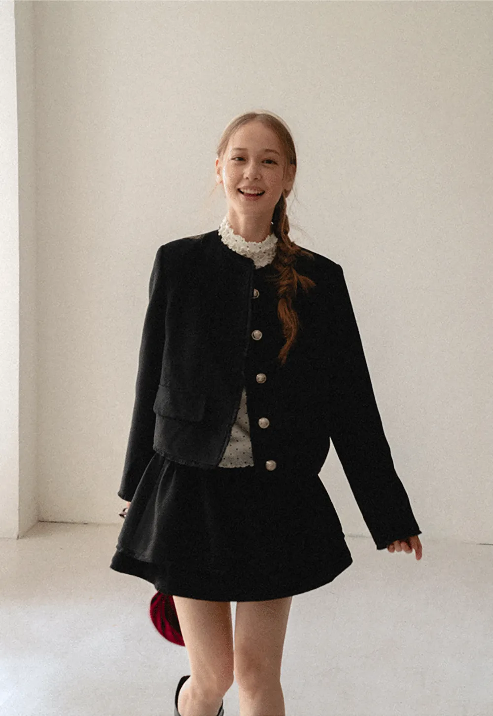Lace Trim Collar Cropped Jacket Flared Skirt