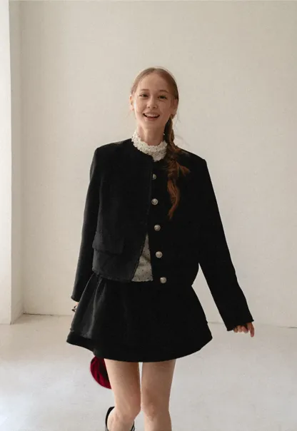Lace Trim Collar Cropped Jacket Flared Skirt