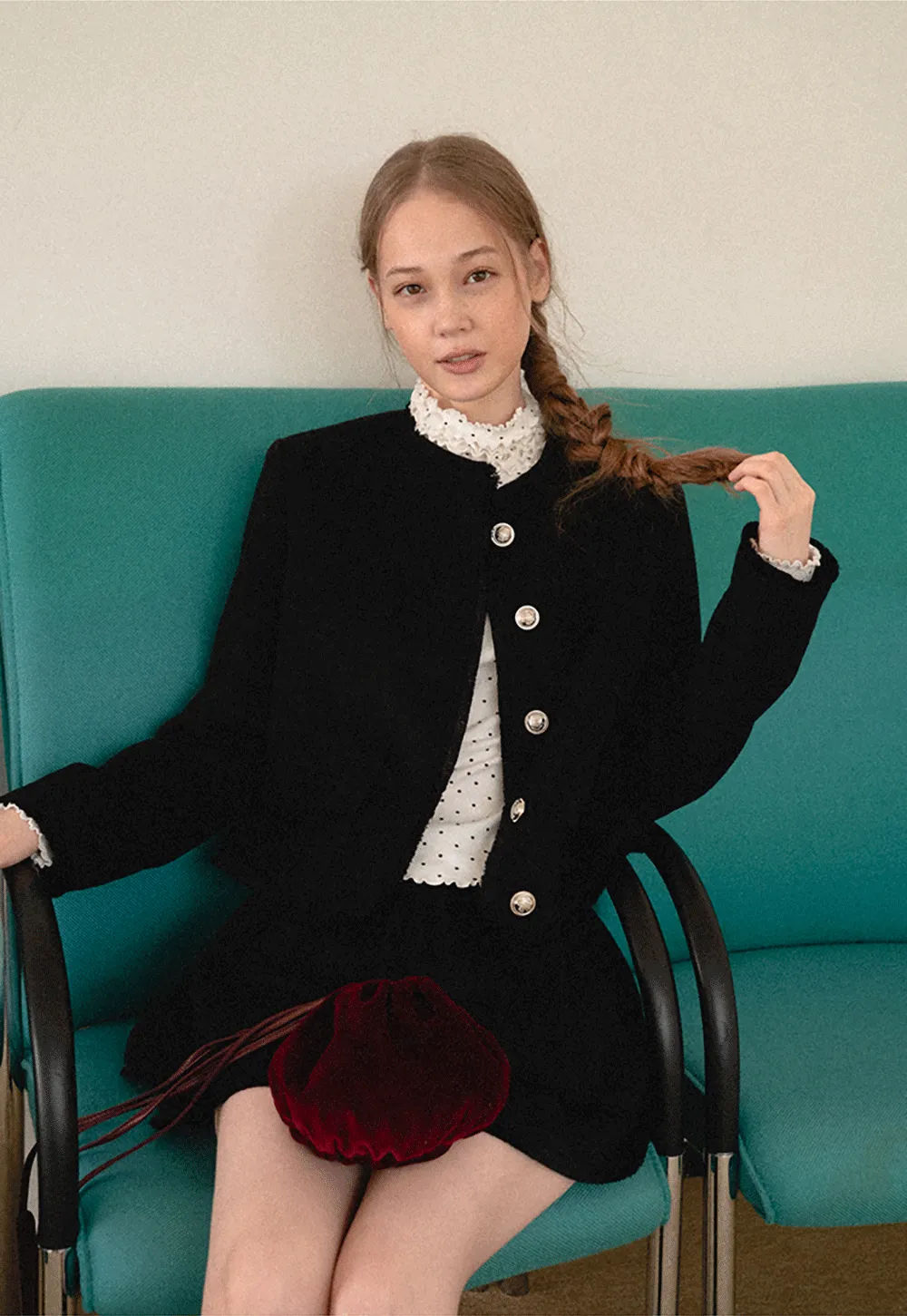 Lace Trim Collar Cropped Jacket Flared Skirt