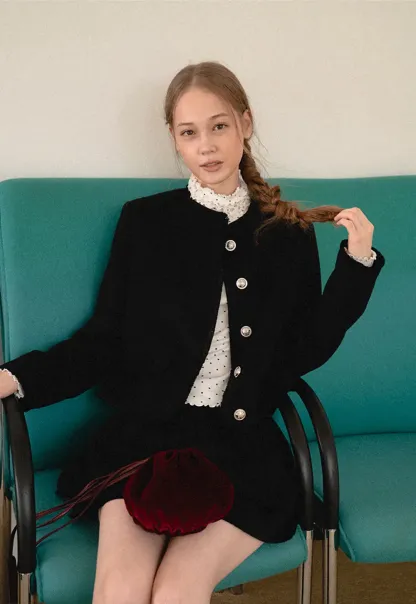 Lace Trim Collar Cropped Jacket Flared Skirt