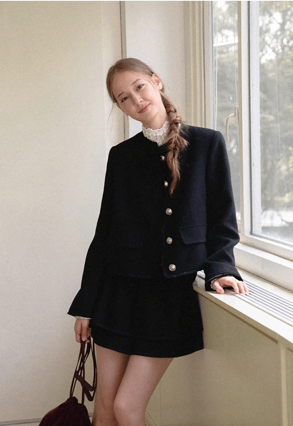 Lace Trim Collar Cropped Jacket Flared Skirt
