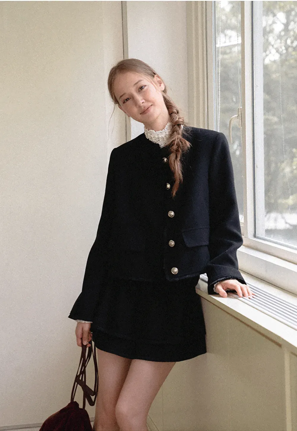 Lace Trim Collar Cropped Jacket Flared Skirt
