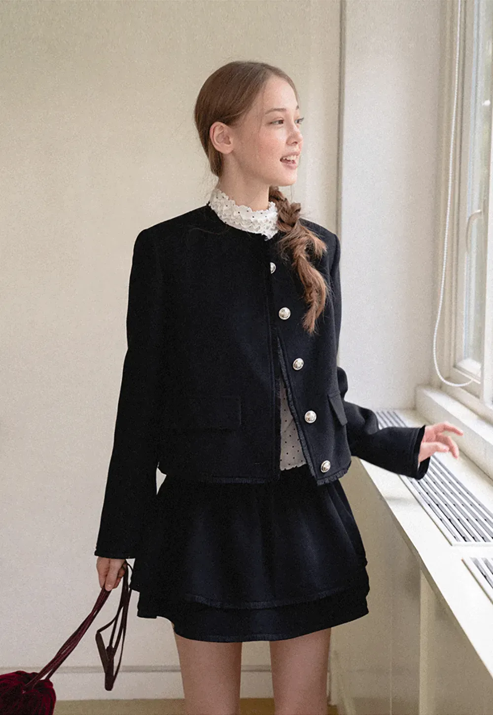 Lace Trim Collar Cropped Jacket Flared Skirt