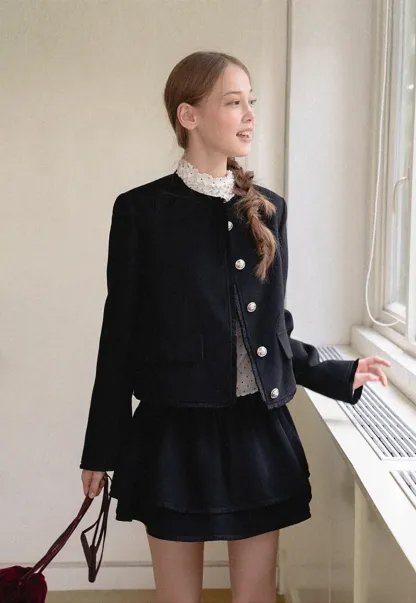 Lace Trim Collar Cropped Jacket Flared Skirt
