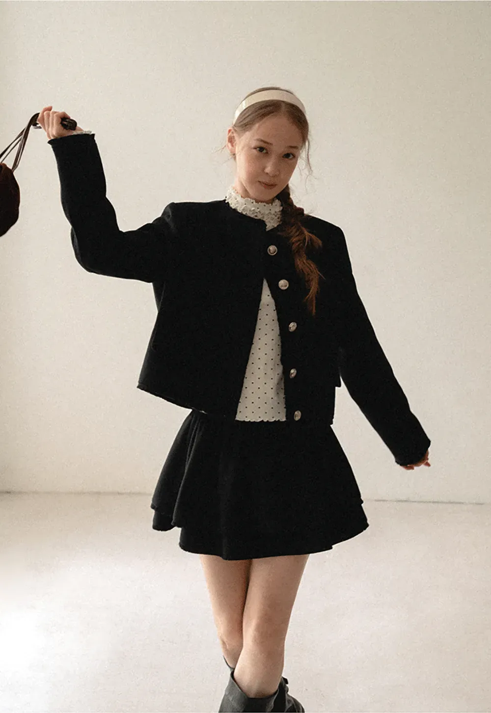 Lace Trim Collar Cropped Jacket Flared Skirt