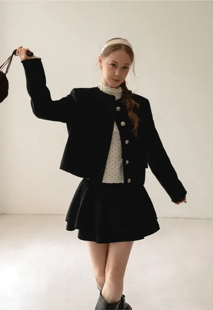 Lace Trim Collar Cropped Jacket Flared Skirt