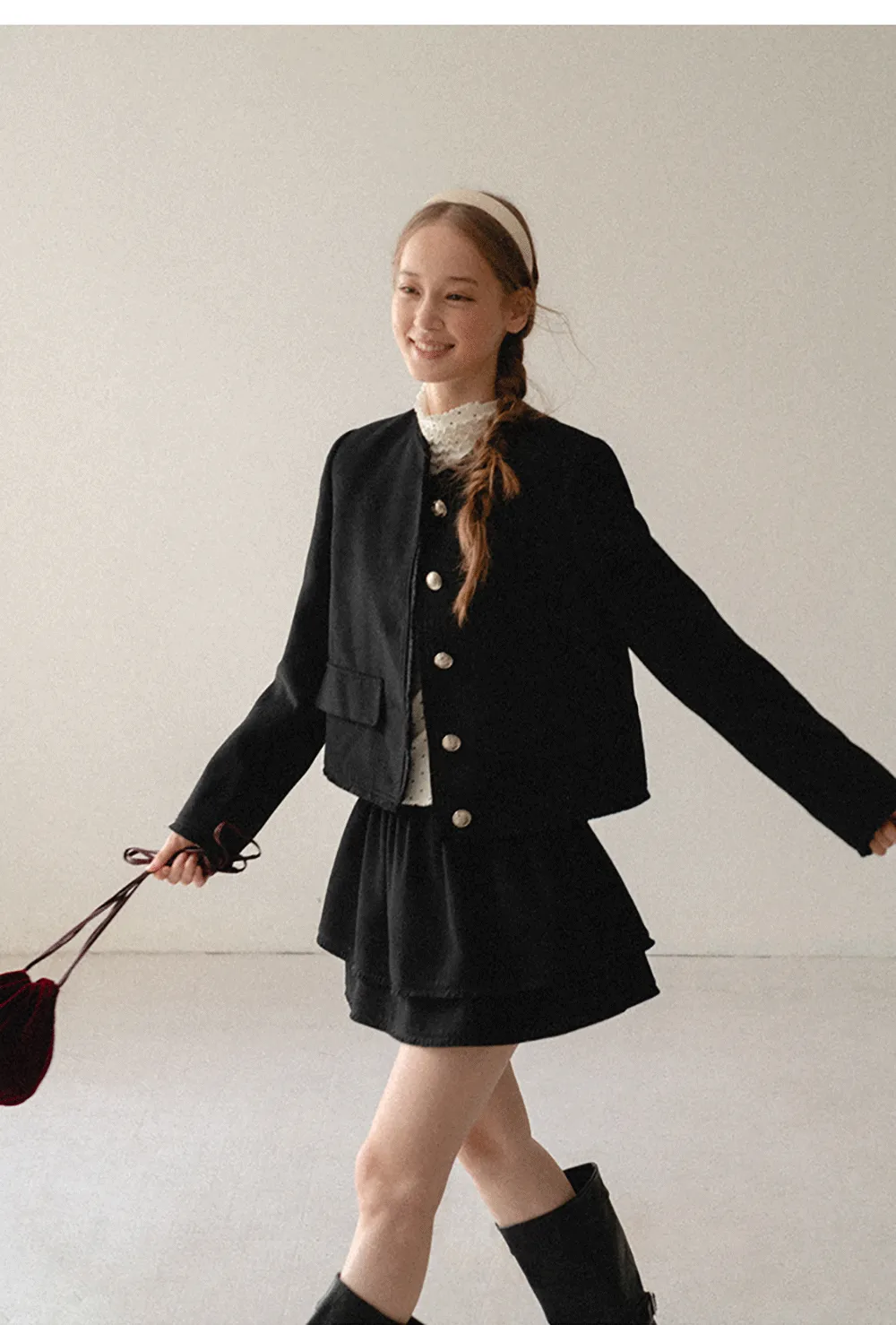Lace Trim Collar Cropped Jacket Flared Skirt