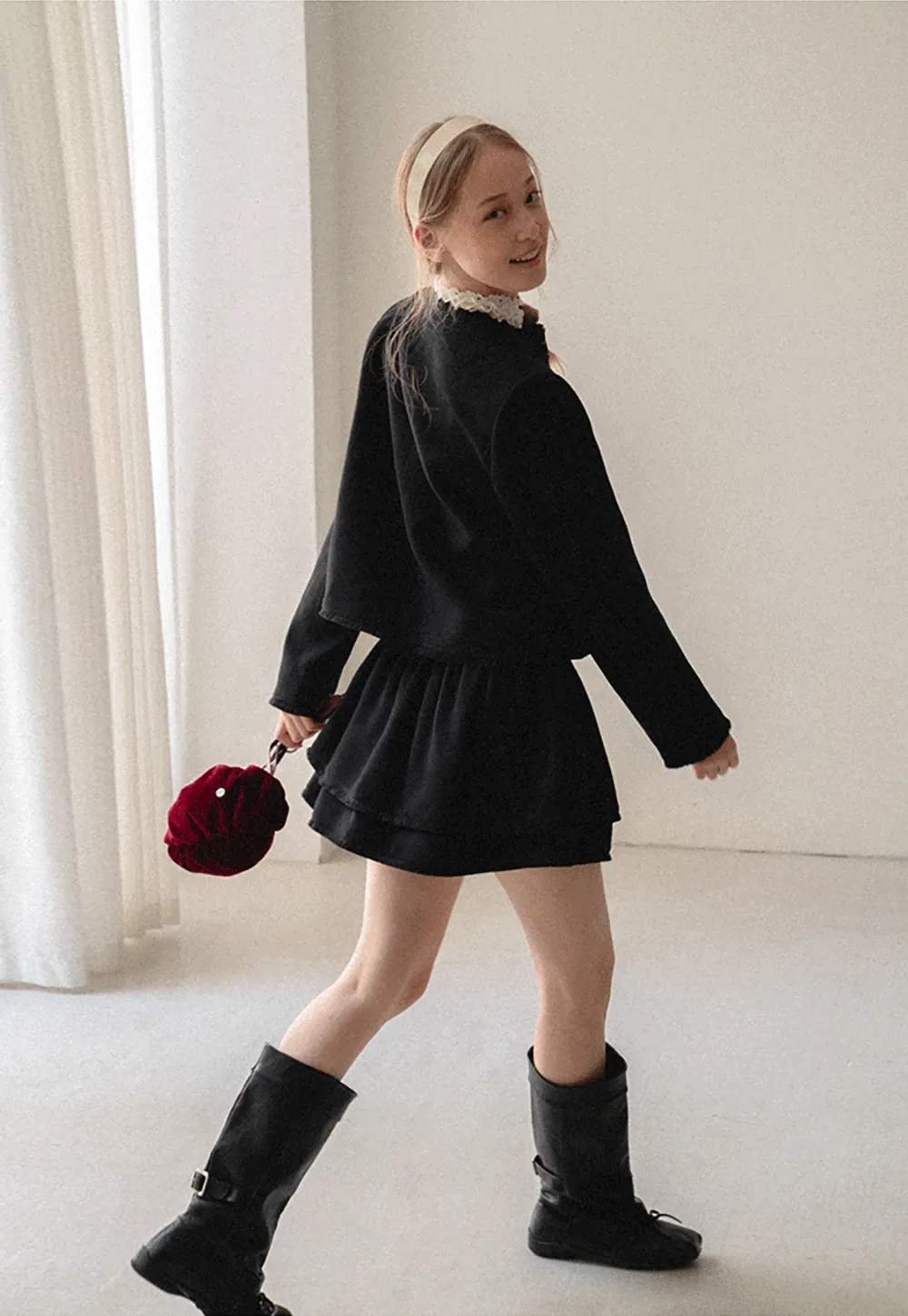 Lace Trim Collar Cropped Jacket Flared Skirt