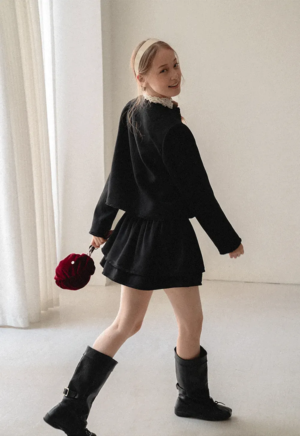 Lace Trim Collar Cropped Jacket Flared Skirt
