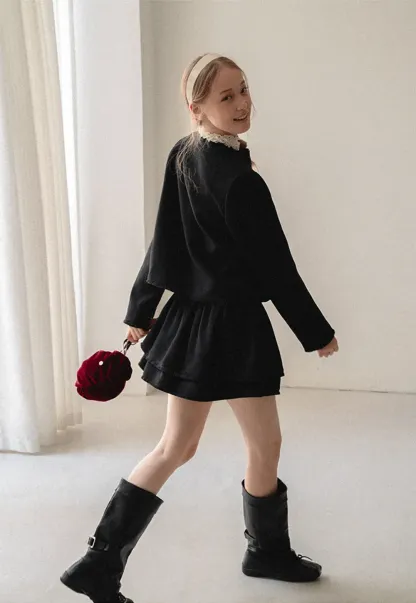 Lace Trim Collar Cropped Jacket Flared Skirt