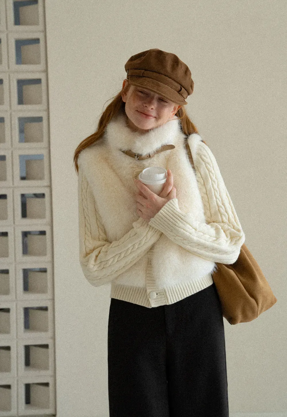 Cable Knit Cropped Cardigan with Faux Fur Collar