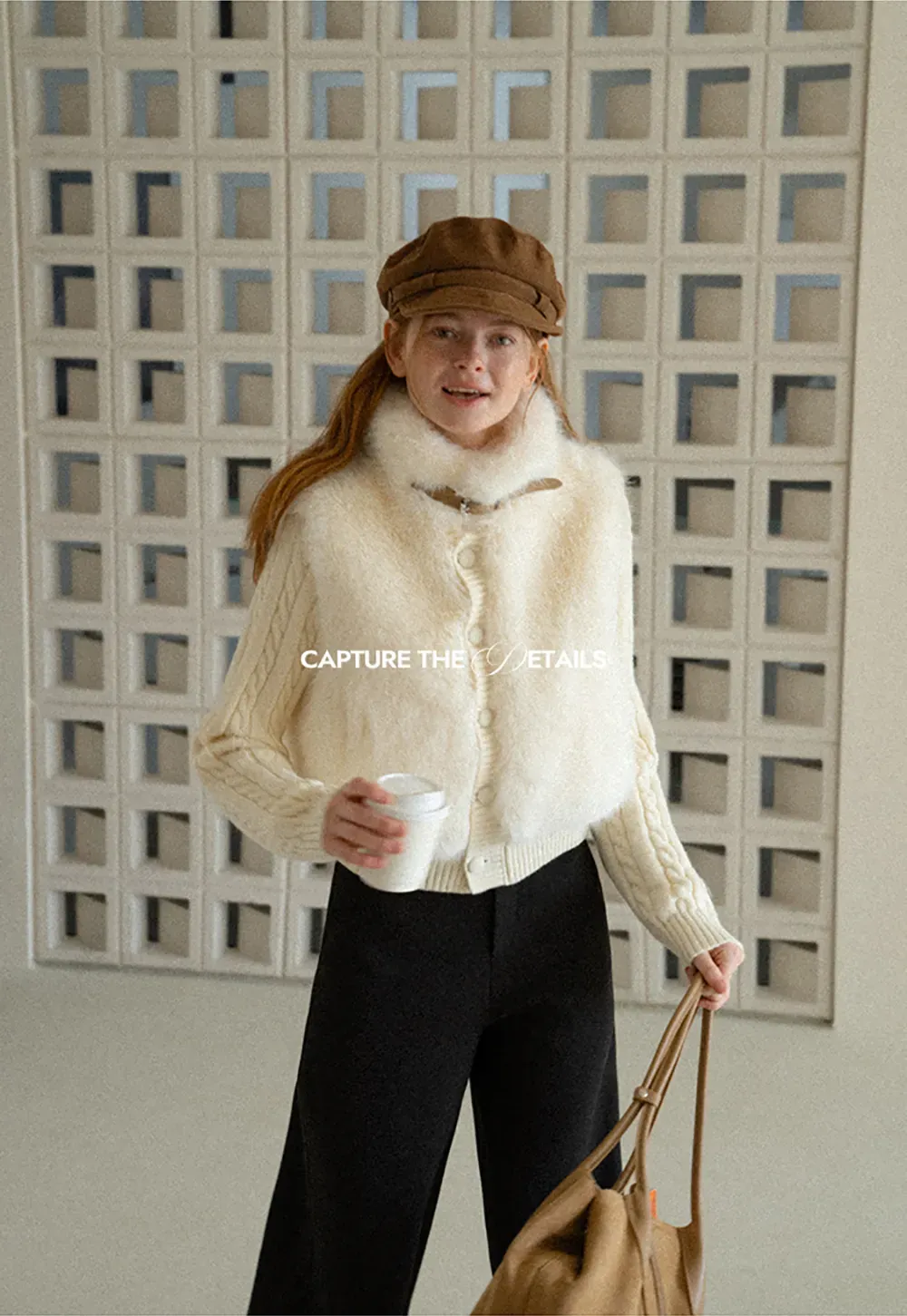 Cable Knit Cropped Cardigan with Faux Fur Collar