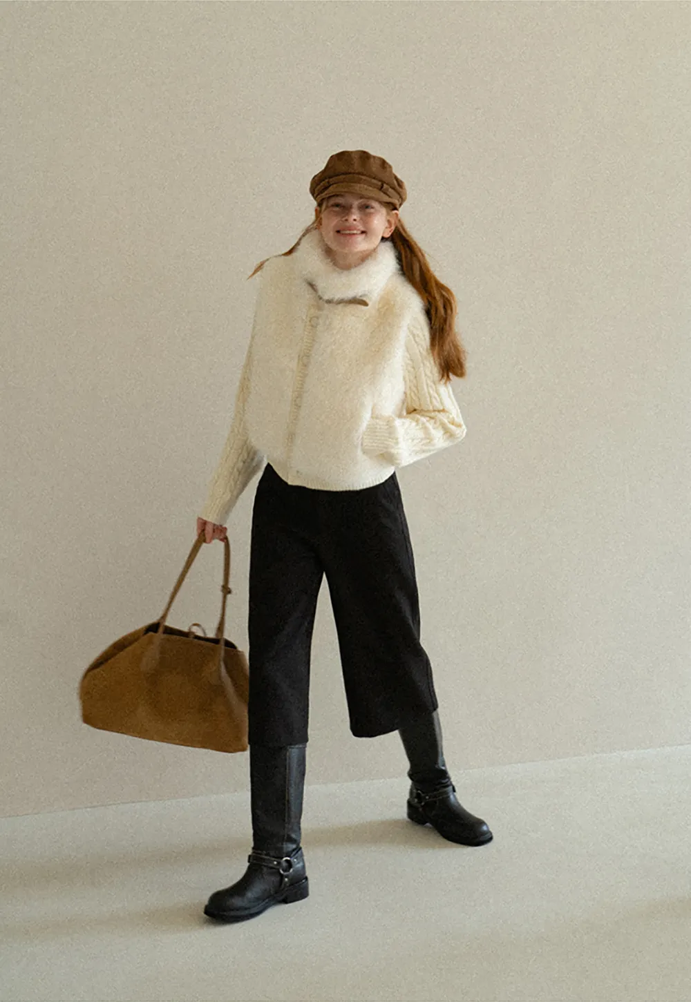 Cable Knit Cropped Cardigan with Faux Fur Collar