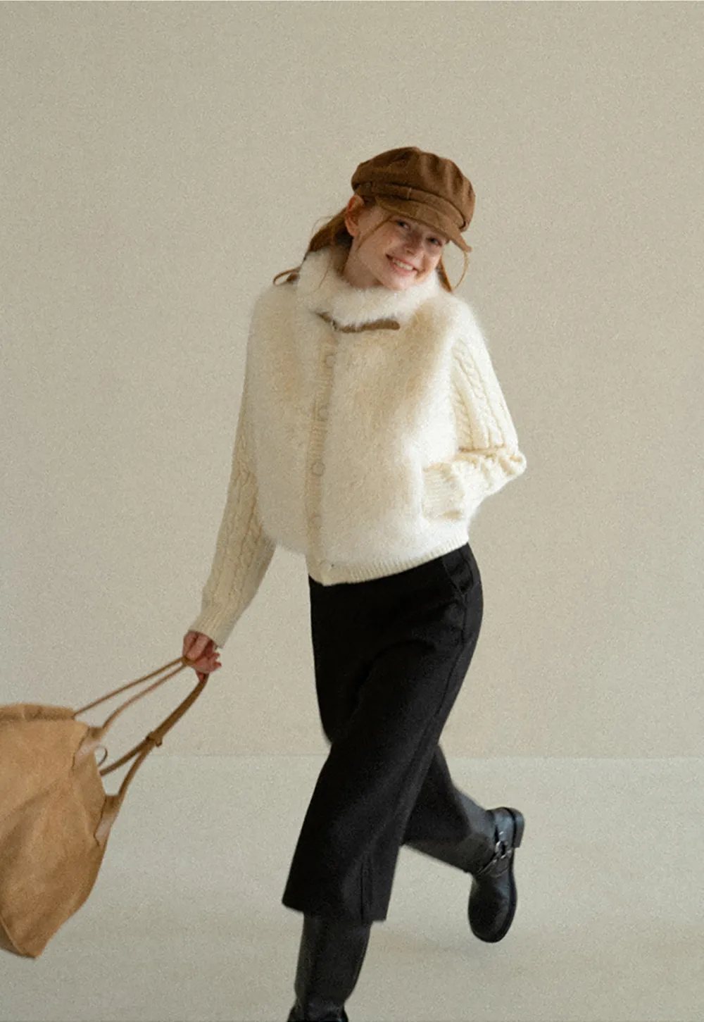 Cable Knit Cropped Cardigan with Faux Fur Collar