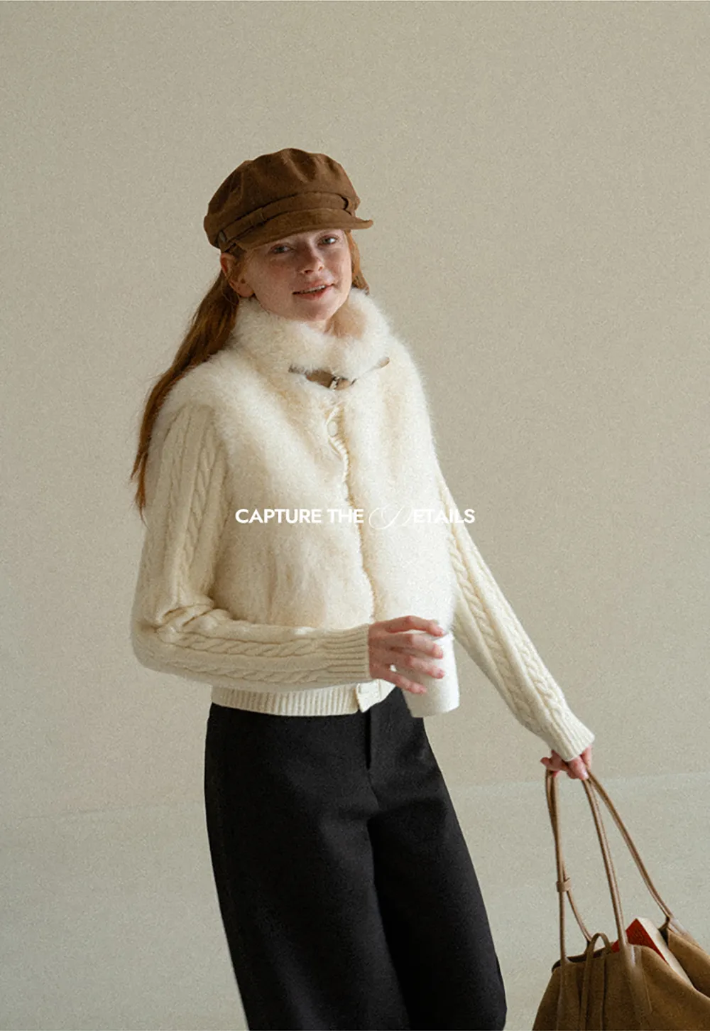 Cable Knit Cropped Cardigan with Faux Fur Collar