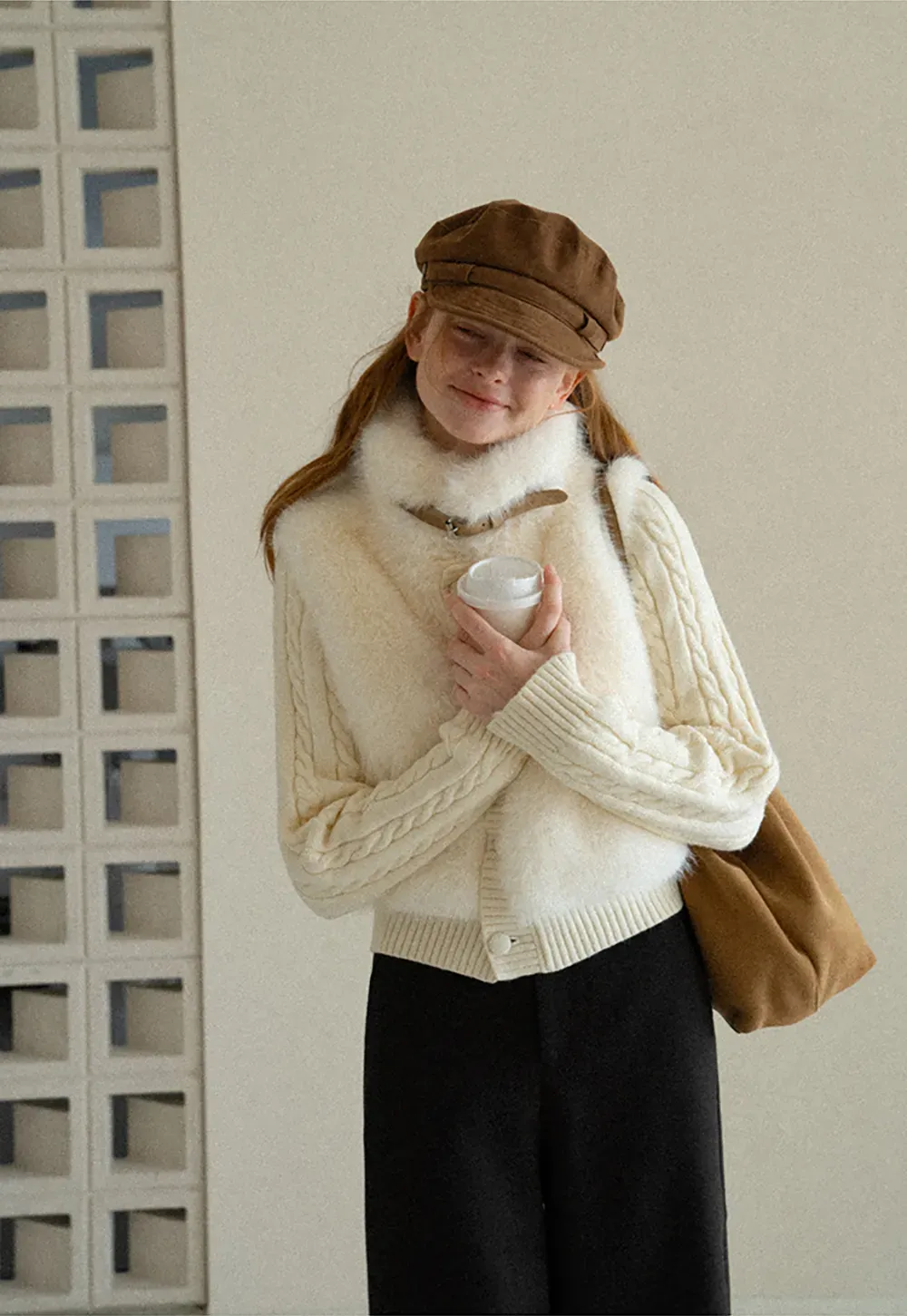 Cable Knit Cropped Cardigan with Faux Fur Collar