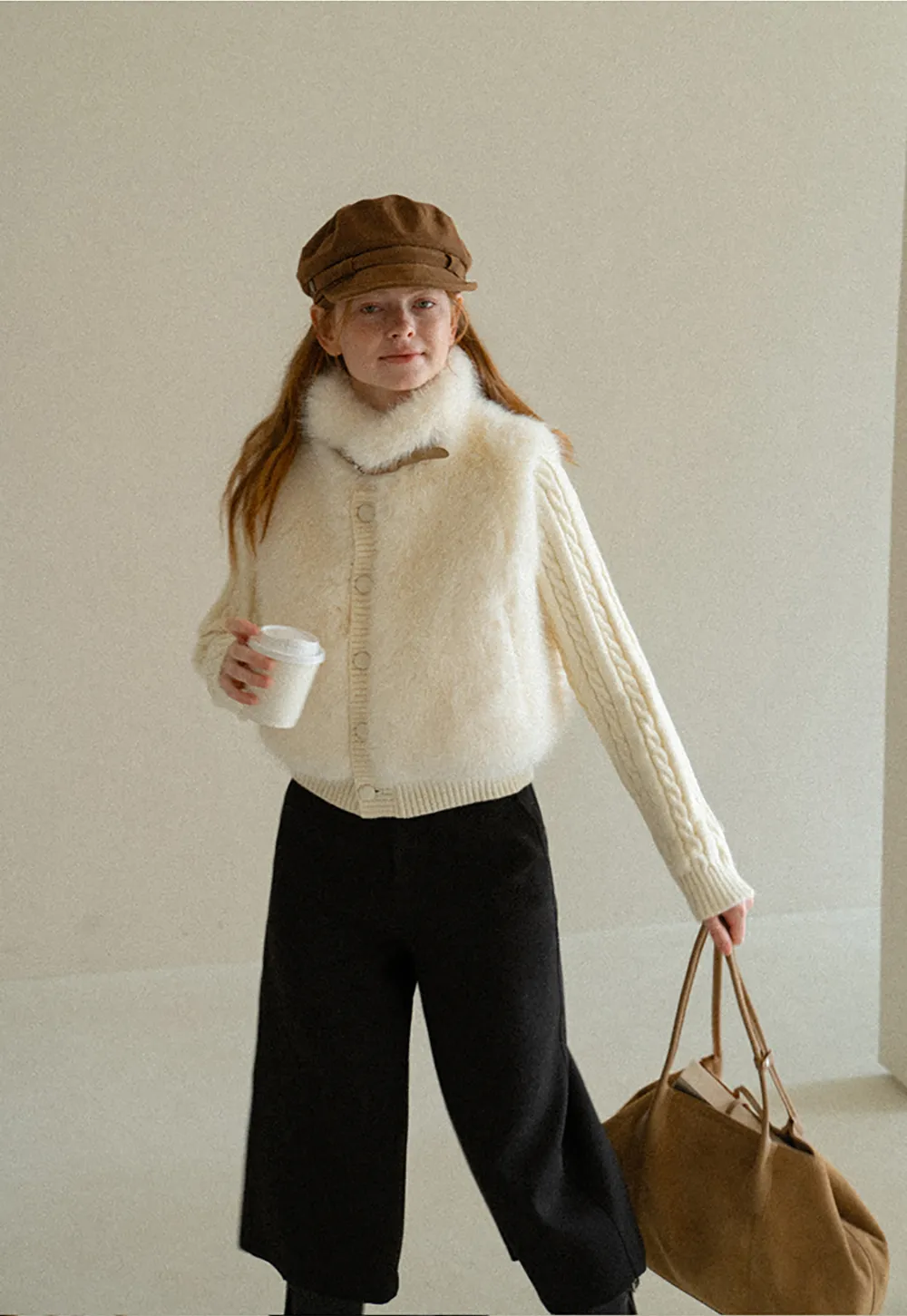 Cable Knit Cropped Cardigan with Faux Fur Collar