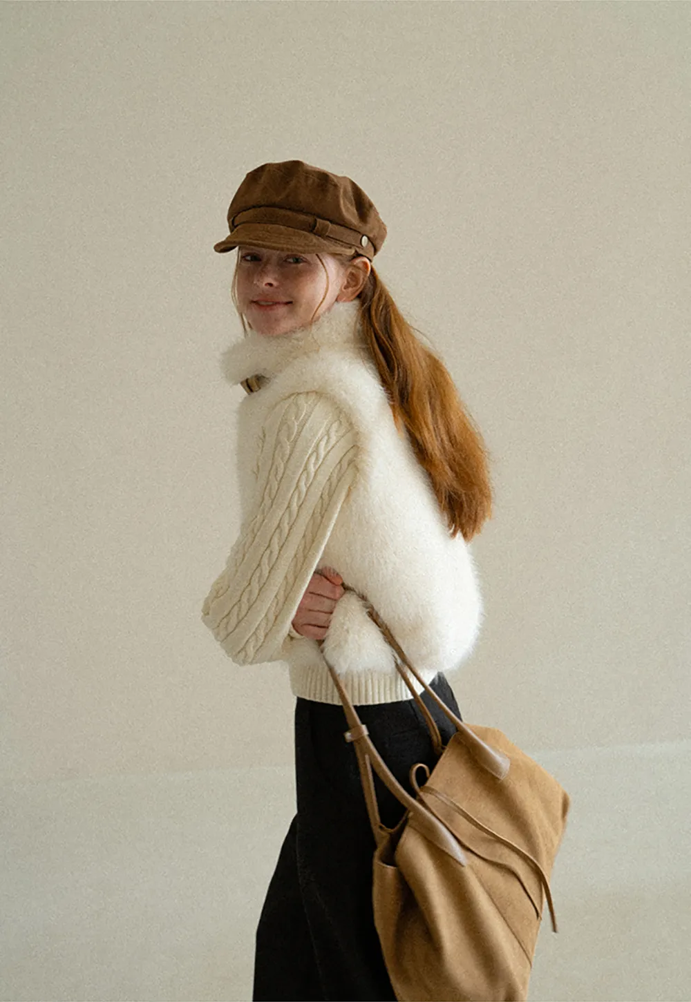 Cable Knit Cropped Cardigan with Faux Fur Collar