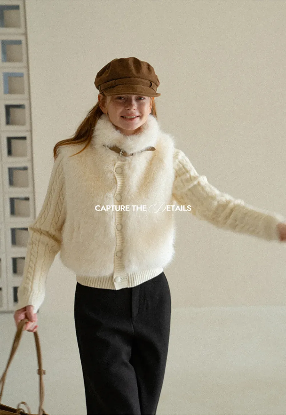 Cable Knit Cropped Cardigan with Faux Fur Collar