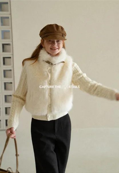 Cable Knit Cropped Cardigan with Faux Fur Collar