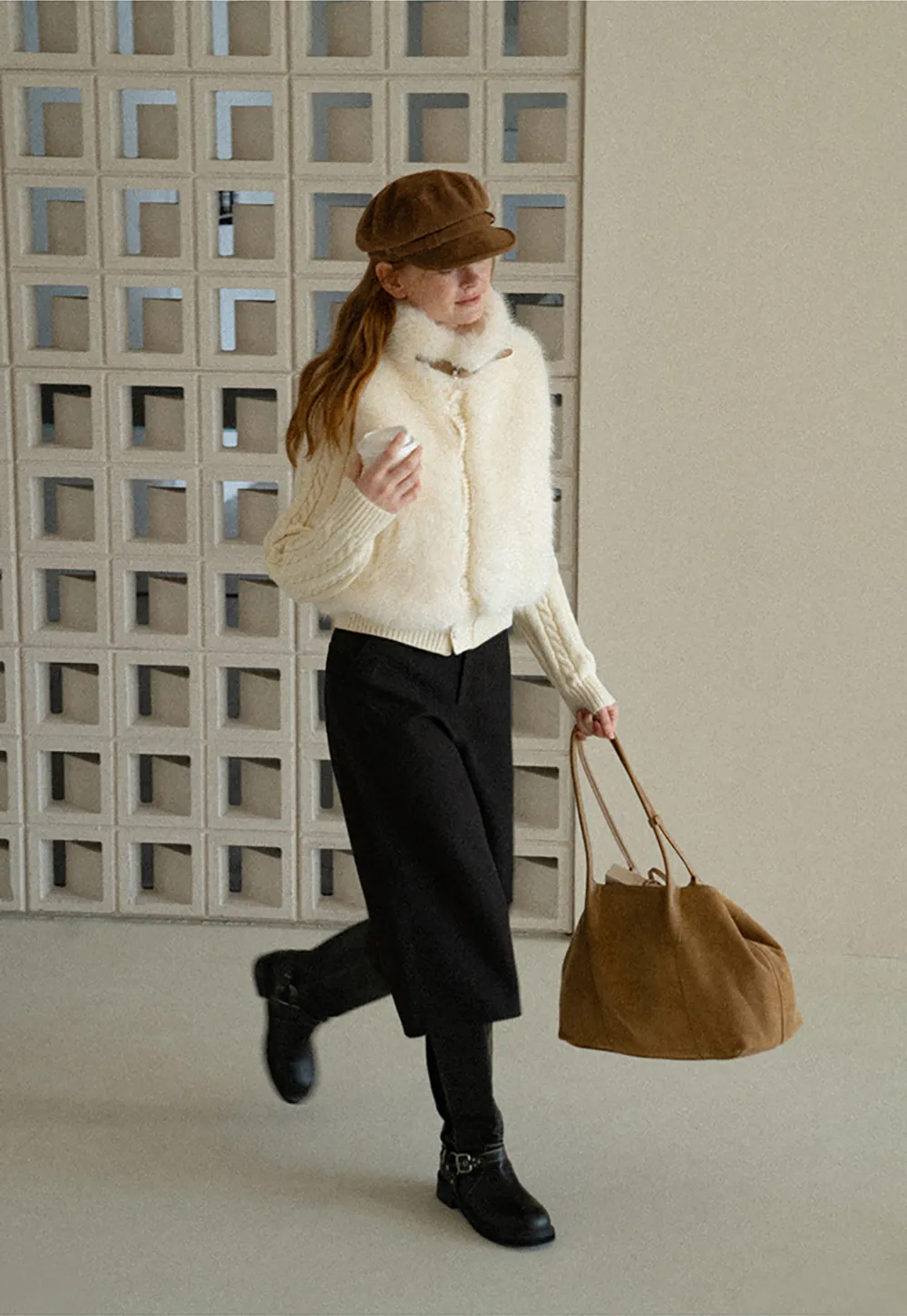 Cable Knit Cropped Cardigan with Faux Fur Collar
