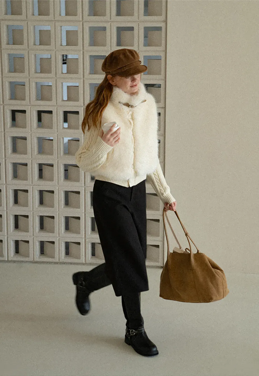 Cable Knit Cropped Cardigan with Faux Fur Collar
