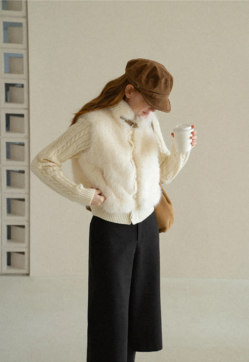 Cable Knit Cropped Cardigan with Faux Fur Collar